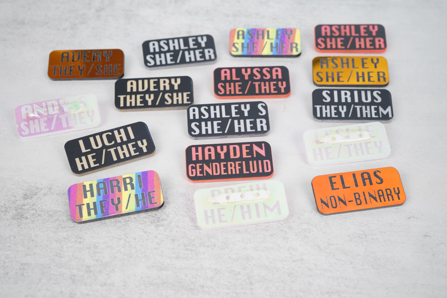 Custom name pronoun pins