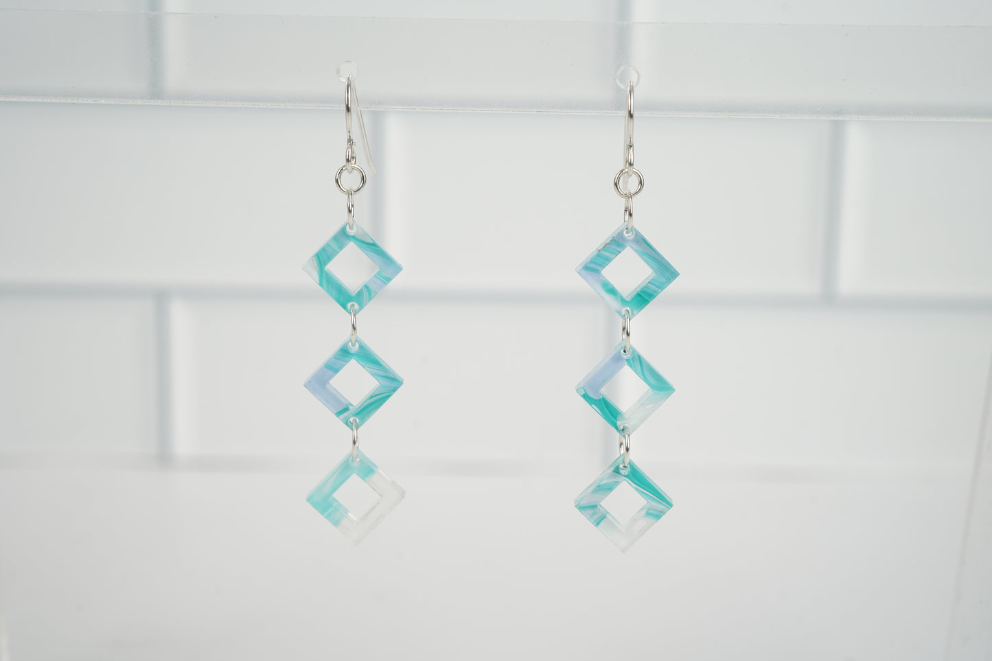 Diamond Cutout Dangle Earrings- Ocean Swirl Blue