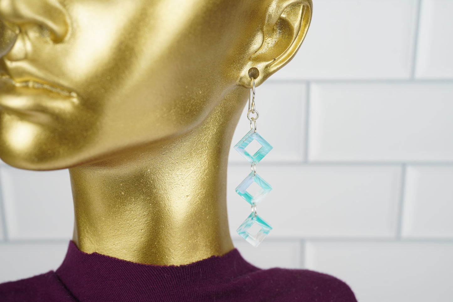 Diamond Cutout Dangle Earrings- Ocean Swirl Blue