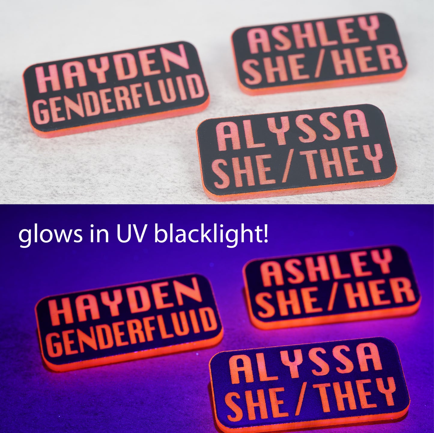 Custom name pronoun pins