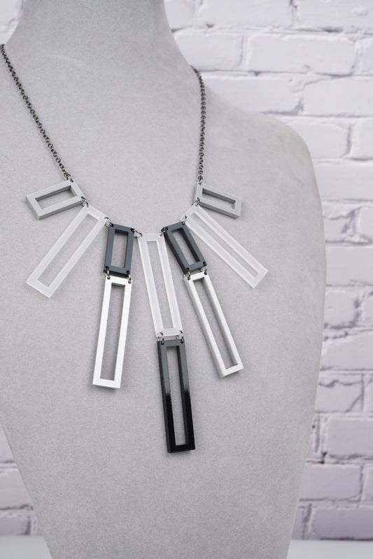 Geometric Rectangular Layered Necklace- Black and White